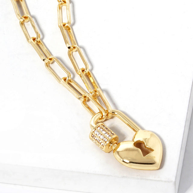Gold Dipped CZ Stone Paved Heart Lock Pendant Paperclip Chain Necklace - Clear Gold - Necklaces