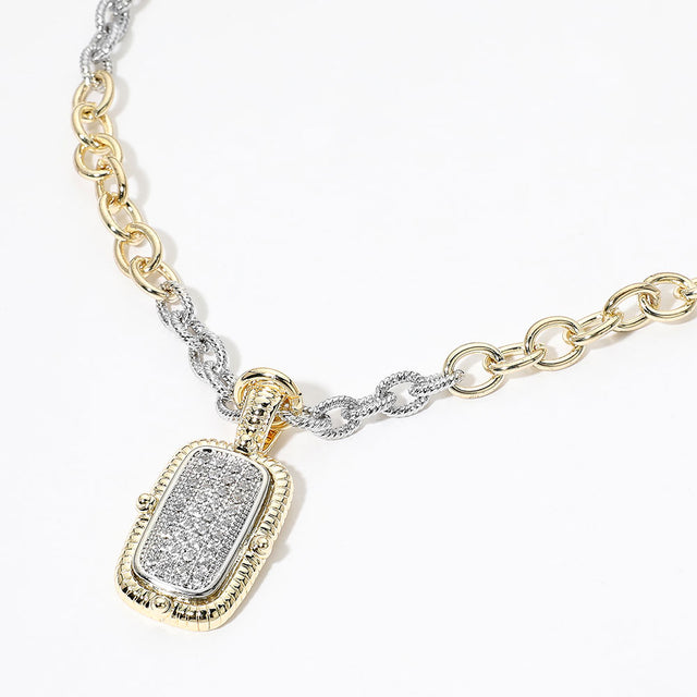 Madeline Love Two Tone 14K Gold Plated CZ Pave Rectangle Frame Pendant Two Tone Link Necklace