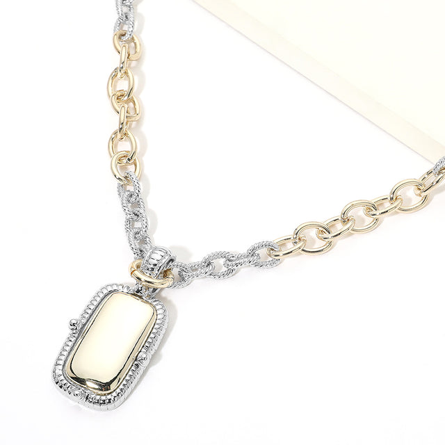 Madeline Love Two Tone 14K Gold Plated Rectangle Frame Pendant Two Tone Link Necklace