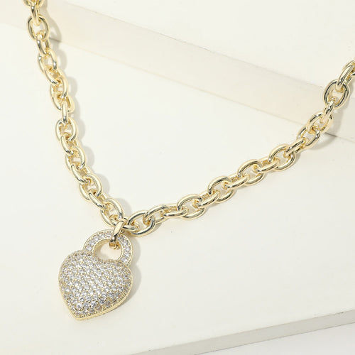 14K Gold Plated CZ Pave Heart Heart Pendant Chunky Chain Necklace - Gold