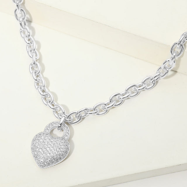 Madeline Love Rhodium 14K Gold Plated CZ Pave Heart Heart Pendant Chunky Chain Necklace - Jewelry