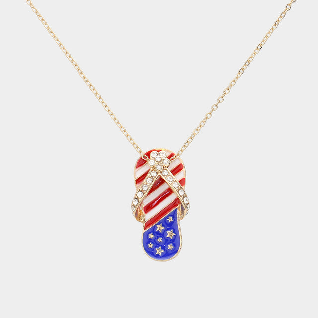 Madeline Love Gold Stone Paved American USA Flag Flip Flops Pendant Necklace - Necklaces
