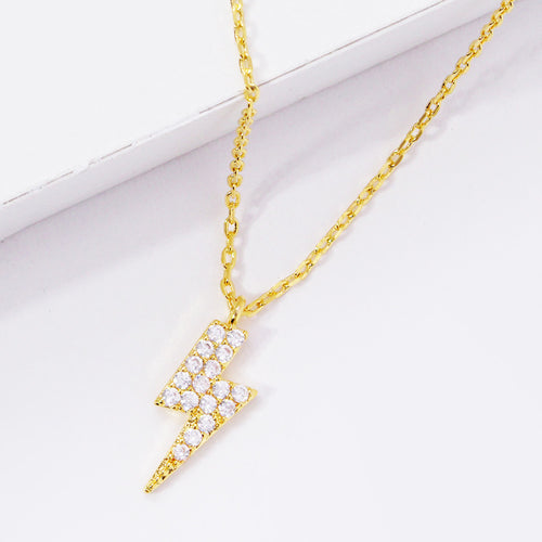 Gold Dipped CZ Lightning Pendant Necklace - Clear, Gold