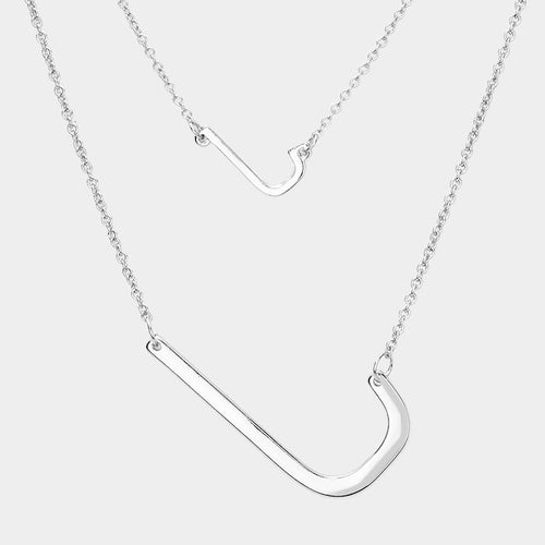 -J- Initial Monogram 2Row Strand Double Detachable Chain Necklace - Silver