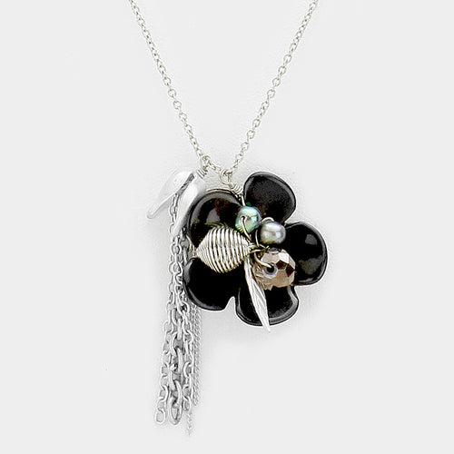 Glass bead detail flower & tassel charm necklace - Black