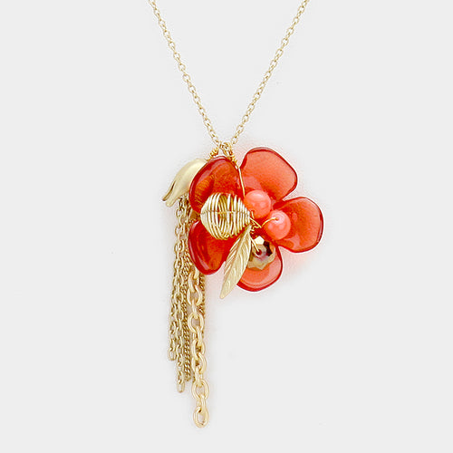 Glass bead detail flower & tassel charm necklace - Orange