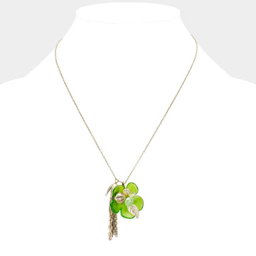 Madeline Love Gold Burnished, Green Bloom Flower Pendant Tassel Drop Necklace - Necklaces