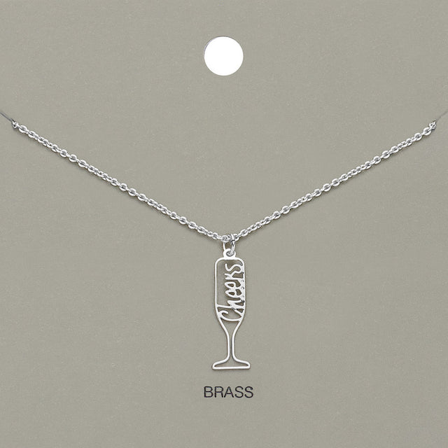 Madeline Love Rhodium Cheers Message Wine Glass Brass Metal Pendant Necklace - Jewelry