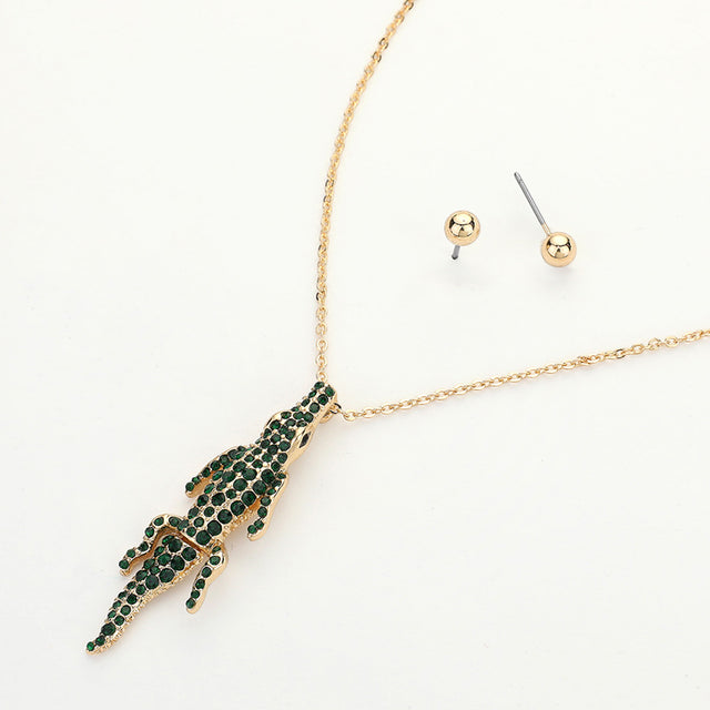 Madeline Love Gold, Green Stone Paved Crocodile/Alligator Pendant Necklace - Jewelry