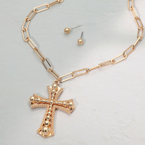 Cross Pendant Paperclip Chain Necklace - Gold