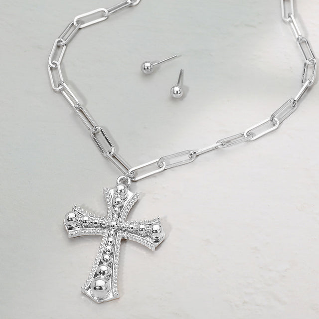 Madeline Love Rhodium Cross Pendant Paperclip Chain Necklace - Necklaces