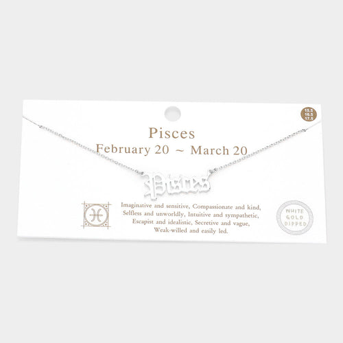Pisces White Gold Dipped Zodiac Name Pendant Necklace - Rhodium