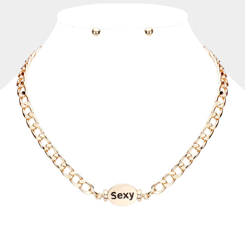SEXY Metal Oval Message Pendant Necklace - Gold
