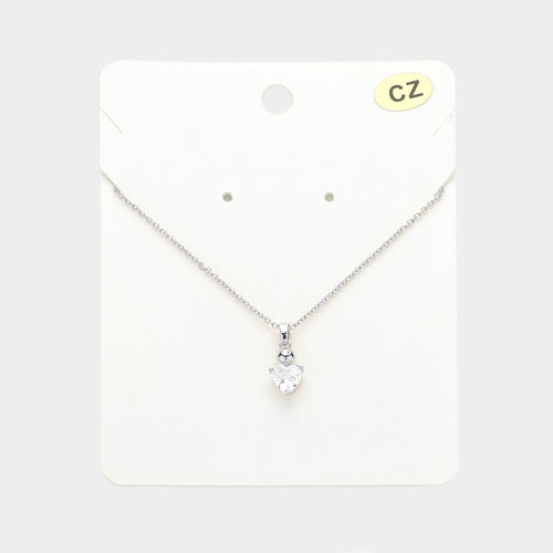 Women's CZ Heart Stone Pendant Necklace - Rhodium