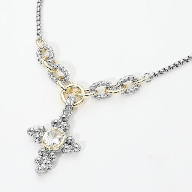 Madeline Love Two Tone 14K Gold Plated Two Tone Oval CZ Accent Cross Pendant Necklace
