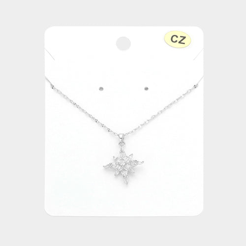 CZ Stone Star Pendant Necklace - Rhodium