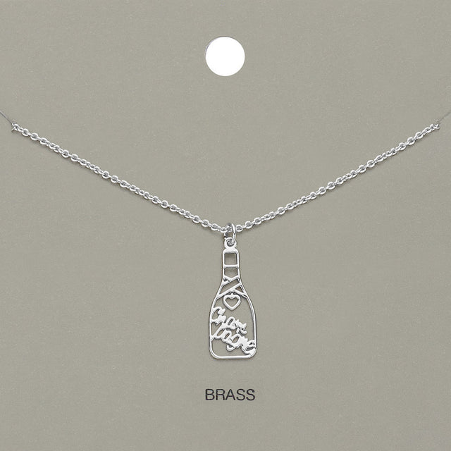 Madeline Love Rhodium Cheers Message Champagne Bottle Brass Metal Pendant Necklace - Necklaces