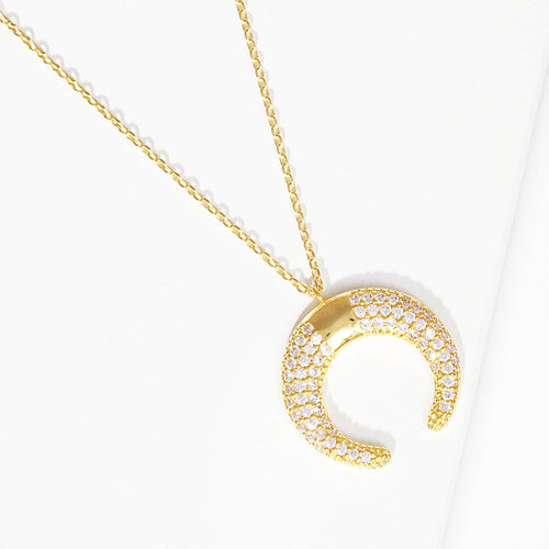 Gold Dipped CZ Embellished Metal Horn Pendant Necklace - Clear, Gold