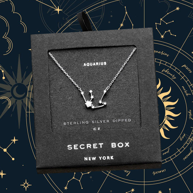 Madeline Love Silver SECRET BOX_Sterling Silver Dipped CZ Aquarius Zodiac Sign Pendant Necklace - Necklaces