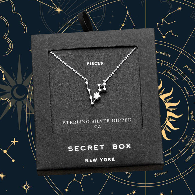 Madeline Love Silver Secret Box _ Sterling Silver Dipped CZ Pisces Zodiac Sign Pendant Necklace - Necklaces