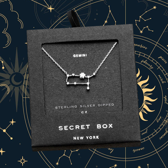 Madeline Love Silver Secret Box _ Sterling Silver Dipped CZ Gemini Zodiac Sign Pendant Necklace - Necklaces