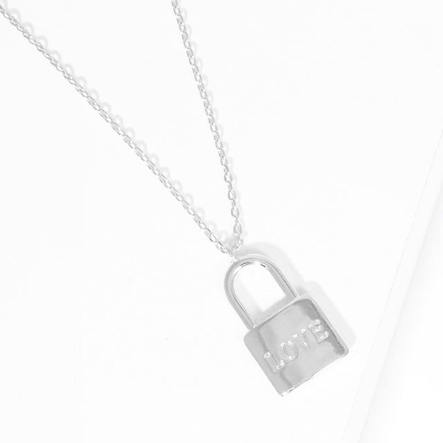 Madeline Love Rhodium LOVE White Gold Dipped Metal Lock Pendant Necklace - Necklaces