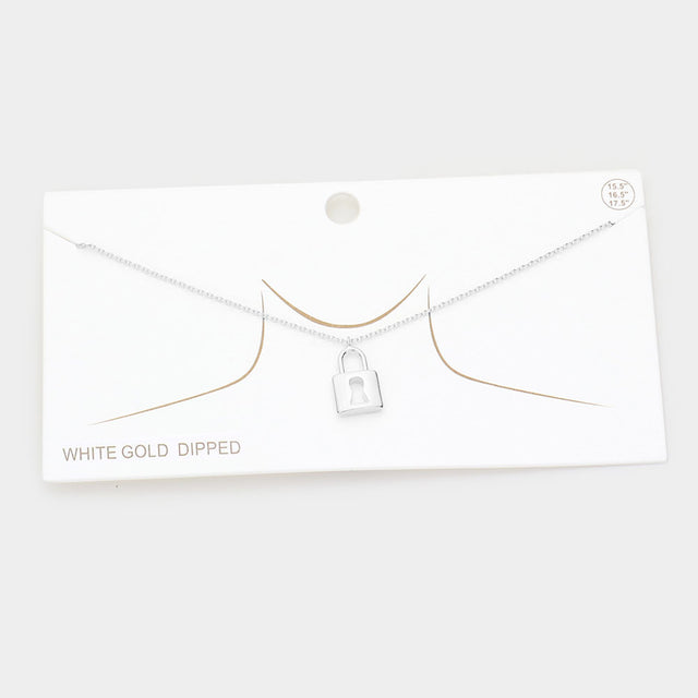 Madeline Love Rhodium White Gold Dipped Metal Lock Pendant Necklace - Necklaces