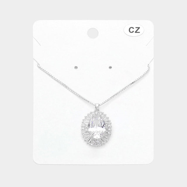 Madeline Love Rhodium Oval CZ Stone Pointed Pendant Necklace - Jewelry