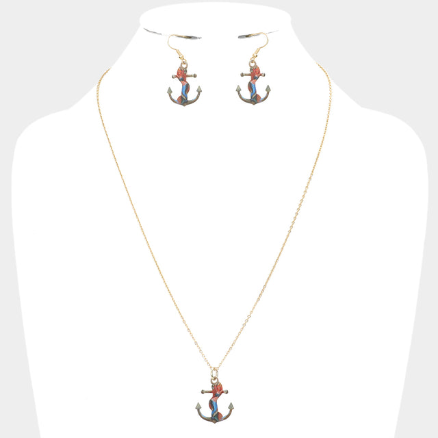 Gold Mermaid Printed Anchor Pendant Necklace
