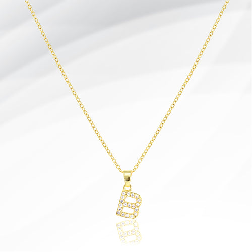 -B- Stainless Steel CZ Stone Paved Initial Monogram Pendant Necklace - Gold