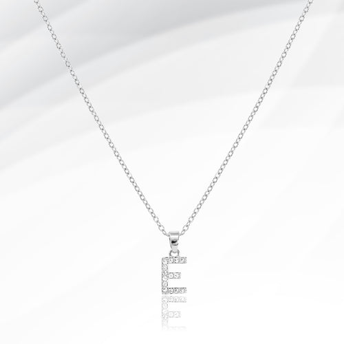 -E- Stainless Steel CZ Stone Paved Initial Monogram Pendant Necklace - Silver
