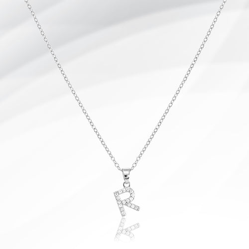 -R- Stainless Steel CZ Stone Paved Initial Monogram Pendant Necklace - Silver