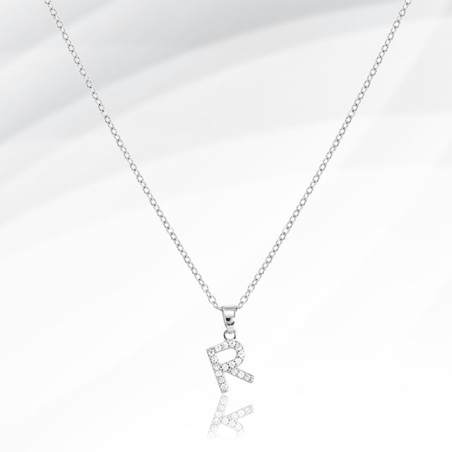 Madeline Love Silver -R- Stainless Steel CZ Stone Paved Initial Monogram Pendant Necklace - Jewelry