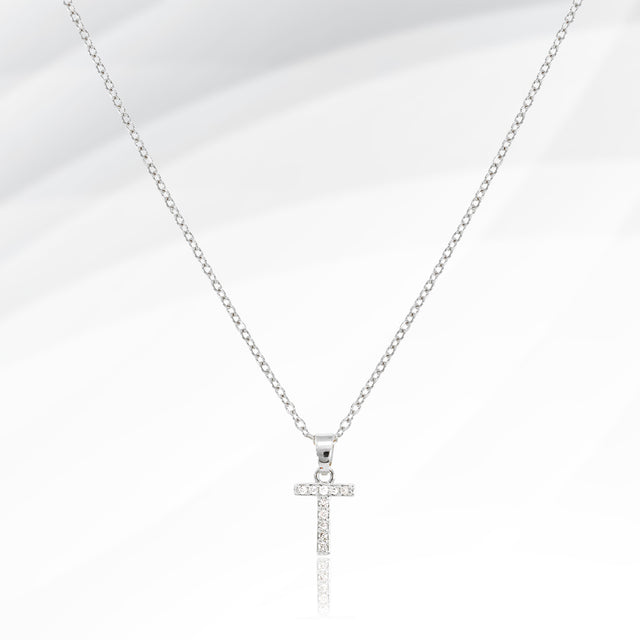 Madeline Love Silver -T- Stainless Steel CZ Stone Paved Initial Monogram Pendant Necklace - Jewelry