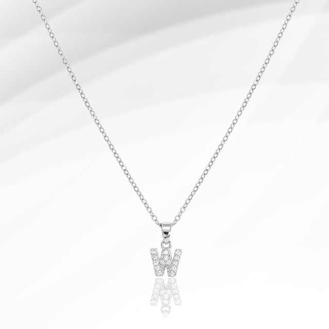 Madeline Love Silver -W- Stainless Steel CZ Stone Paved Initial Monogram Pendant Necklace - Jewelry