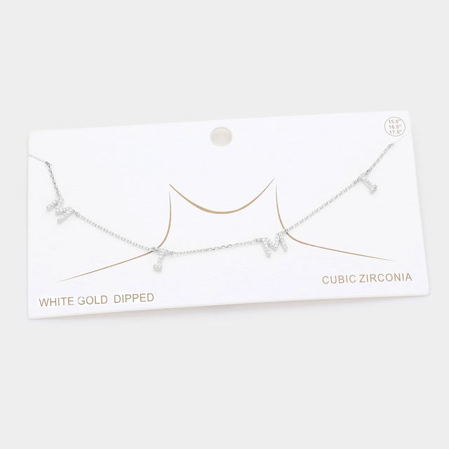 Madeline Love Rhodium White Gold Dipped CZ MIMI Message Pendant Necklace - Necklaces