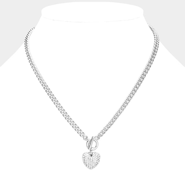 Madeline Love Clear, Rhodium Crystal Rhinestone Pave Heart Pendant Toggle Necklace - Necklaces