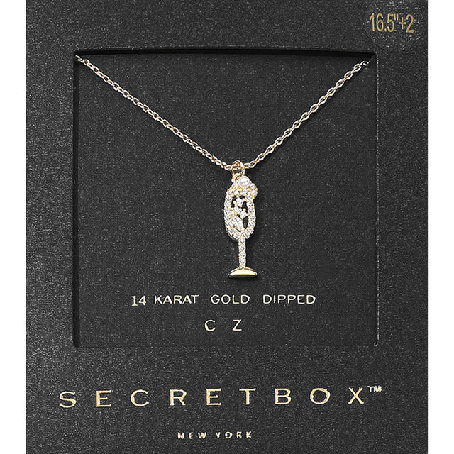 Madeline Love Gold SECRET BOX_14K Gold Dipped CZ Stone Pearl Paved Champagne Glass Pendant Necklace - Jewelry