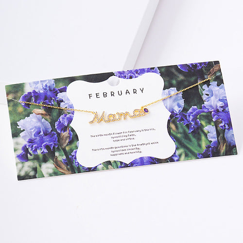 February Birthstone MAMA Message Pendant Necklace - Gold