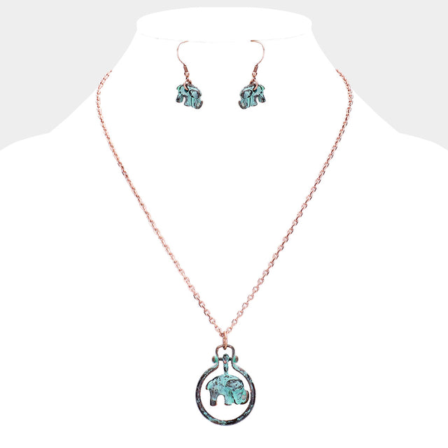 Madeline Love Patina Verdigris Elephant Metal Open Circle Pendant Necklace - Jewelry