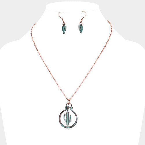 Cactus Metal Open Circle Pendant Necklace - Copper Burnished, Patina Verdigris