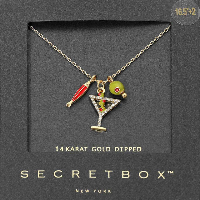 Madeline Love Gold SECRET BOX_14K Gold Dipped Martini Glass Olive Sardine Charm Pendant Necklace - Jewelry