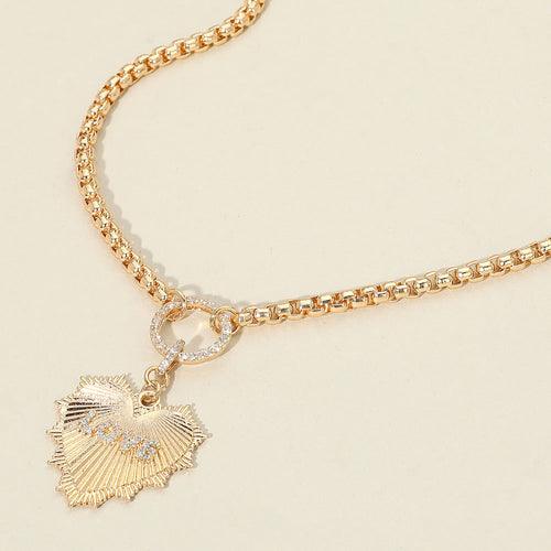 Rhinestone Paved Circle LOVE Message Accent Textured Metal Heart Pendant Necklace - Clear, Gold