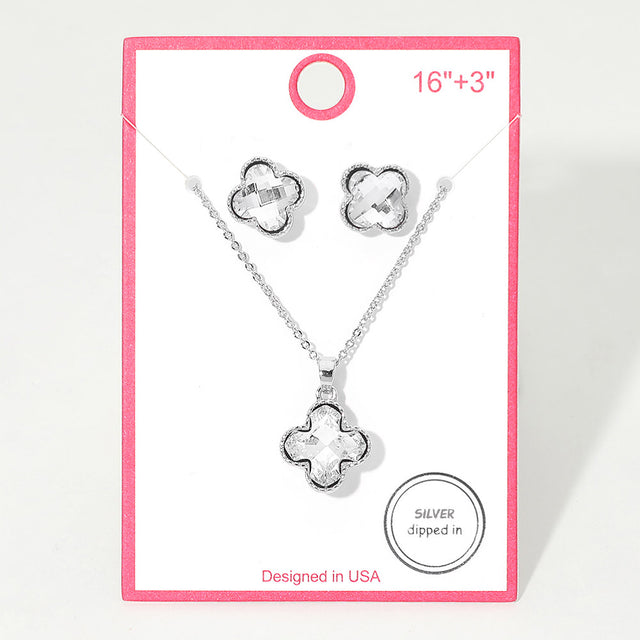 Madeline Love Clear, Rhodium Silver Dipped Quatrefoil Stone Pendant Necklace - Jewelry