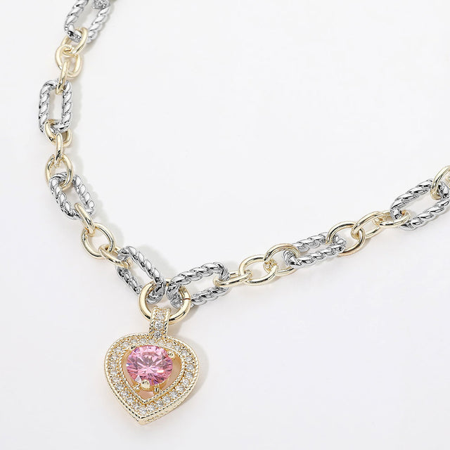 Madeline Love Rose, Two Tone 14K Gold Plated Two Tone Chunky Mixed Link Chain Heart CZ Pendant Necklace