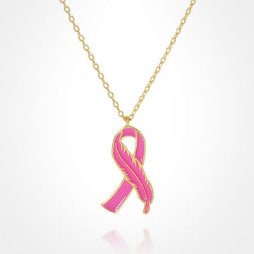 Madeline Love Gold, Pink Gold Dipped Enamel Feather Detailed Pink Ribbon Pendant Necklace - Necklaces