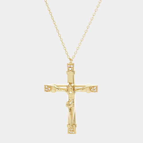 Gold Dipped CZ Embellished Jesus death on the Cross Pendant Necklace - Clear, Gold
