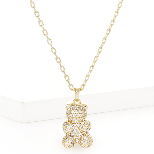 Gold Dipped CZ Embellished Metal Bear Pendant Necklace - Clear, Gold