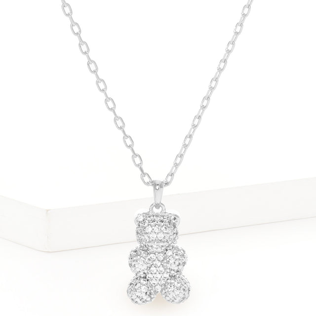 Madeline Love Rhodium White Gold Dipped CZ Embellished Metal Bear Pendant Necklace - Jewelry