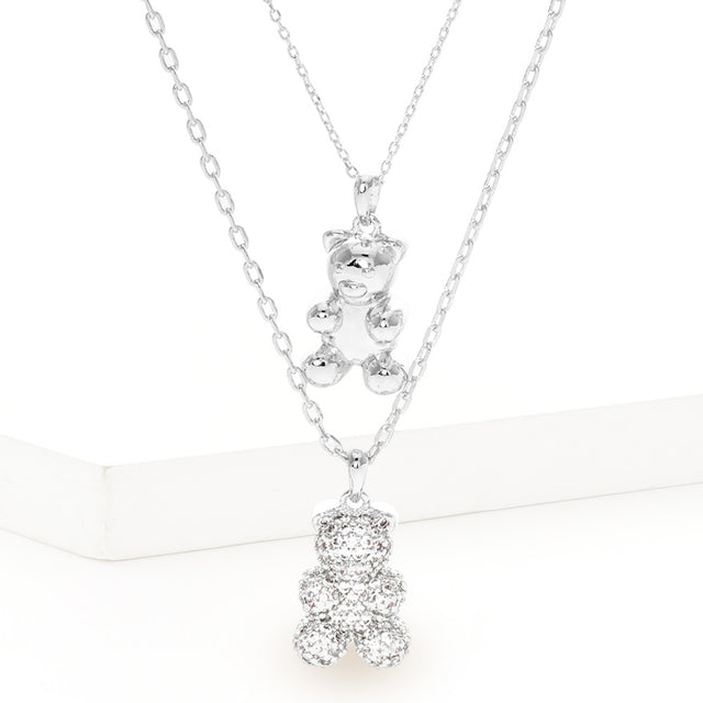 Madeline Love Clear, Rhodium White Gold Dipped CZ Embellished Metal Bear Pendant Double Layered Necklace - Jewelry